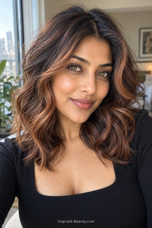 Woman with shoulder-length waves and cinnamon copper face-framing pieces near a bright window.