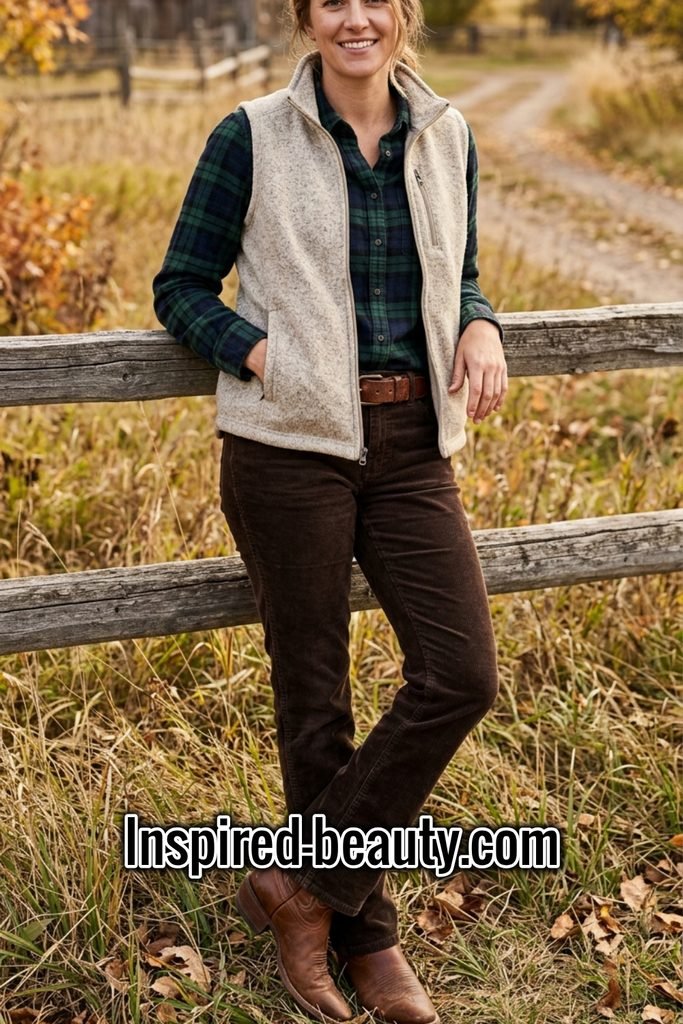 Fleece Vest and Flannel, Corduroy Pants and Western Boots - Winter Western Outfits