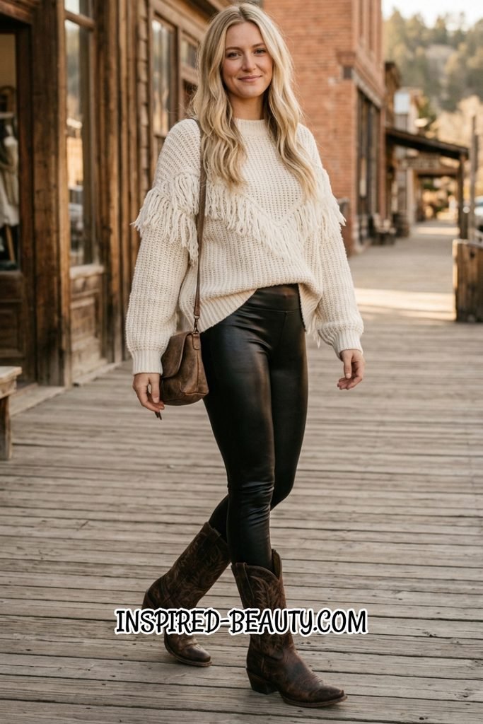 Fringe Sweater with Leather Leggings and Western Boots - Winter Western Outfits