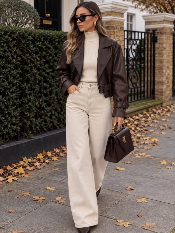 Woman wearing a brown leather jacket, black turtleneck, jeans, and tall brown cowboy boots.