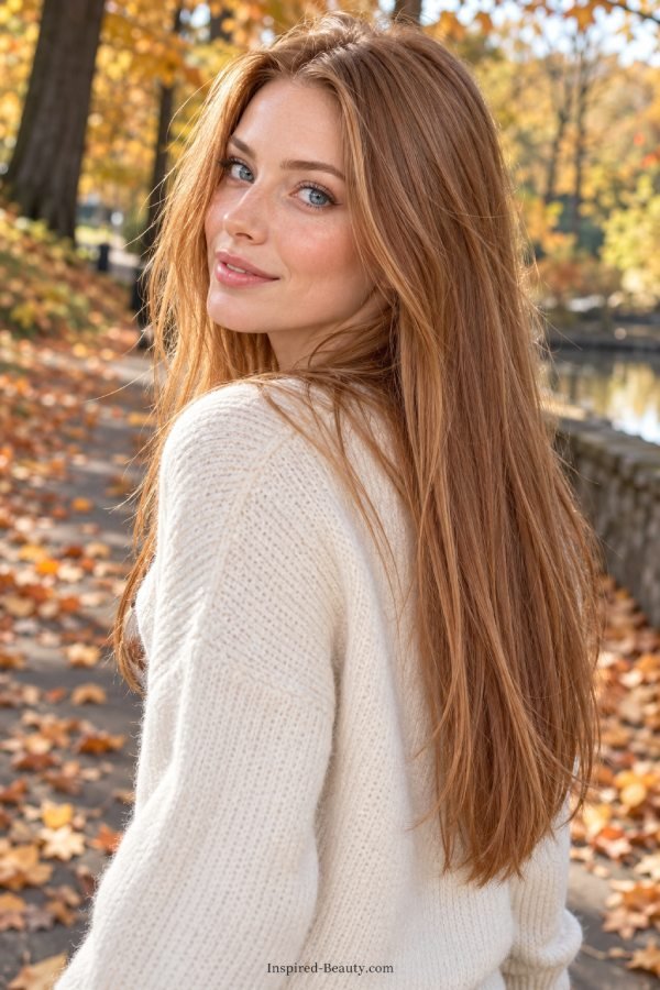 Woman with long straight light copper-brown hair posing in an autumn park.