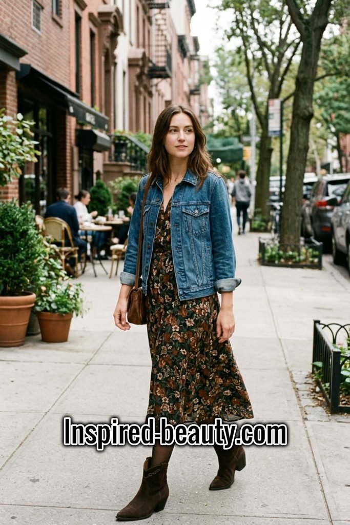 Midi Dress with Denim Jacket, Tights and Western Ankle Boots - Winter Western Outfits
