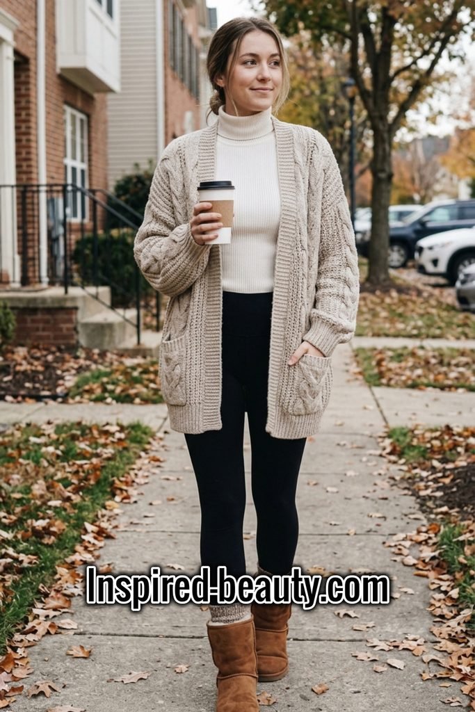 Oversized Cardigan with Turtleneck, Leggings and Cozy Boots - Winter Western Outfits