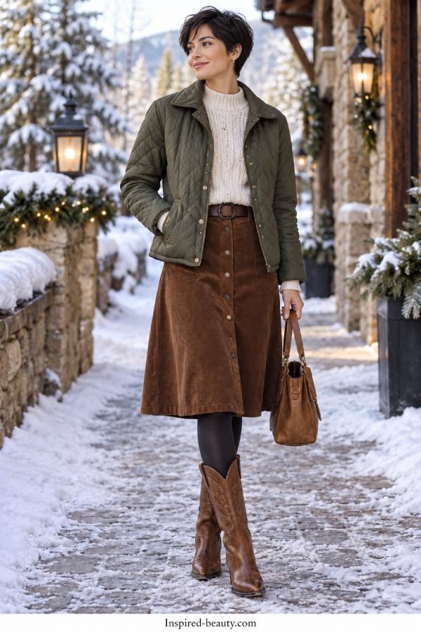Woman styling a quilted jacket and brown corduroy midi skirt with tights and cowboy boots.