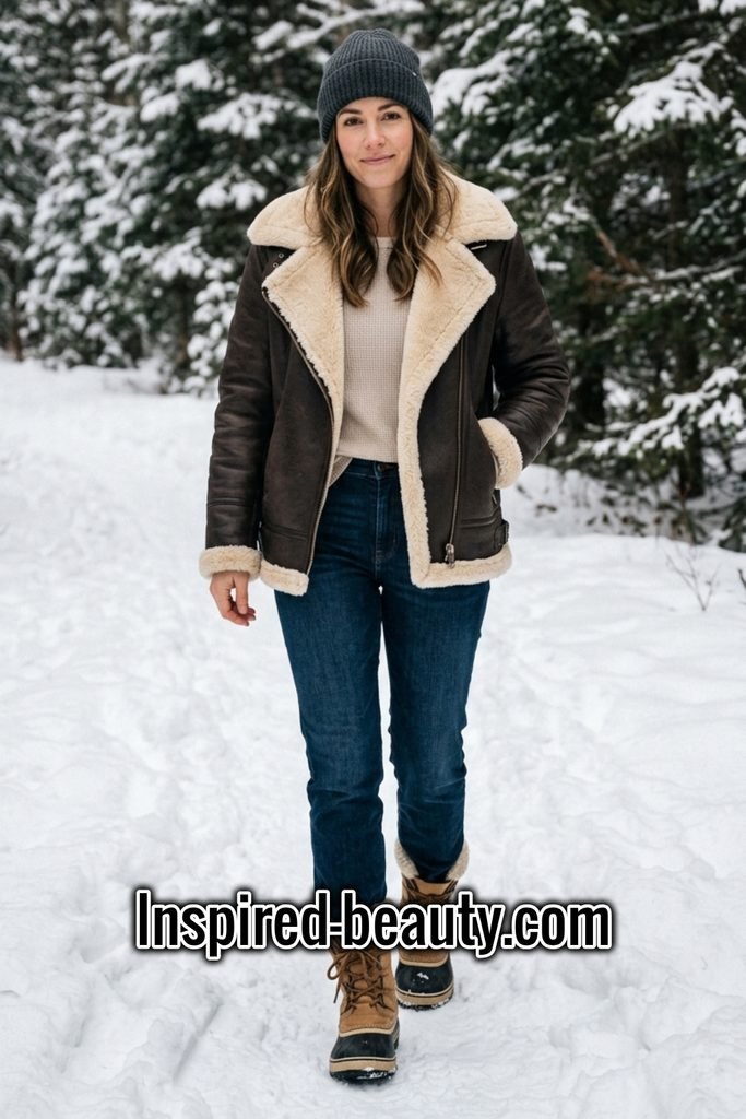 Shearling Aviator Jacket with Thermal, Jeans and Snow Boots - Winter Western Outfits