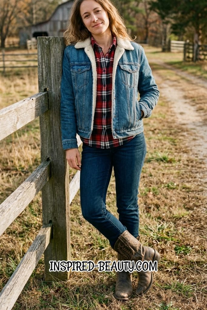 Shearling Denim Jacket with Flannel Shirt, Dark Jeans and Western Boots - Winter Western Outfits
