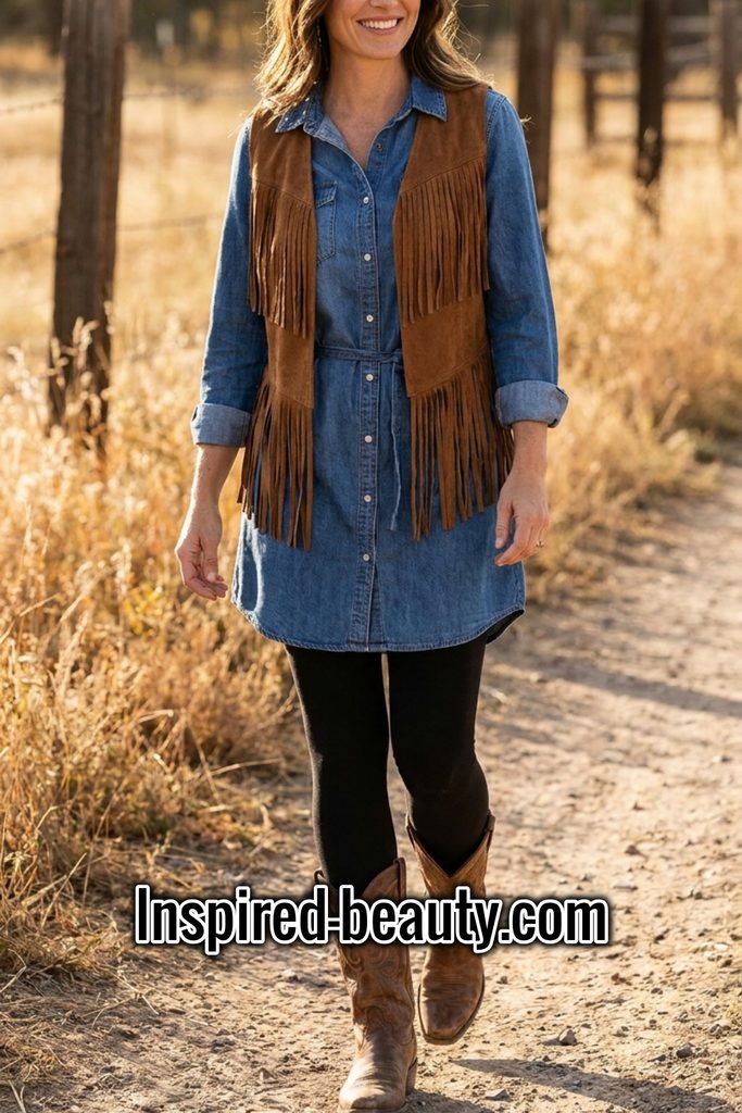 Shirt Dress with Leggings, Fringe Vest and Western Boots - Winter Western Outfits