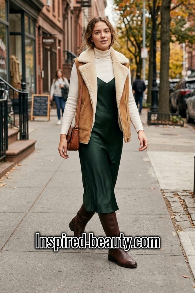 Slip Dress with Turtleneck, Shearling Vest and Boots - Winter Western Outfits