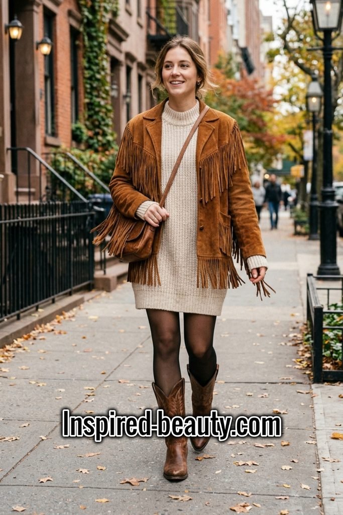 Sweater Dress with Fringe Jacket, Tights and Western Boots - Winter Western Outfits