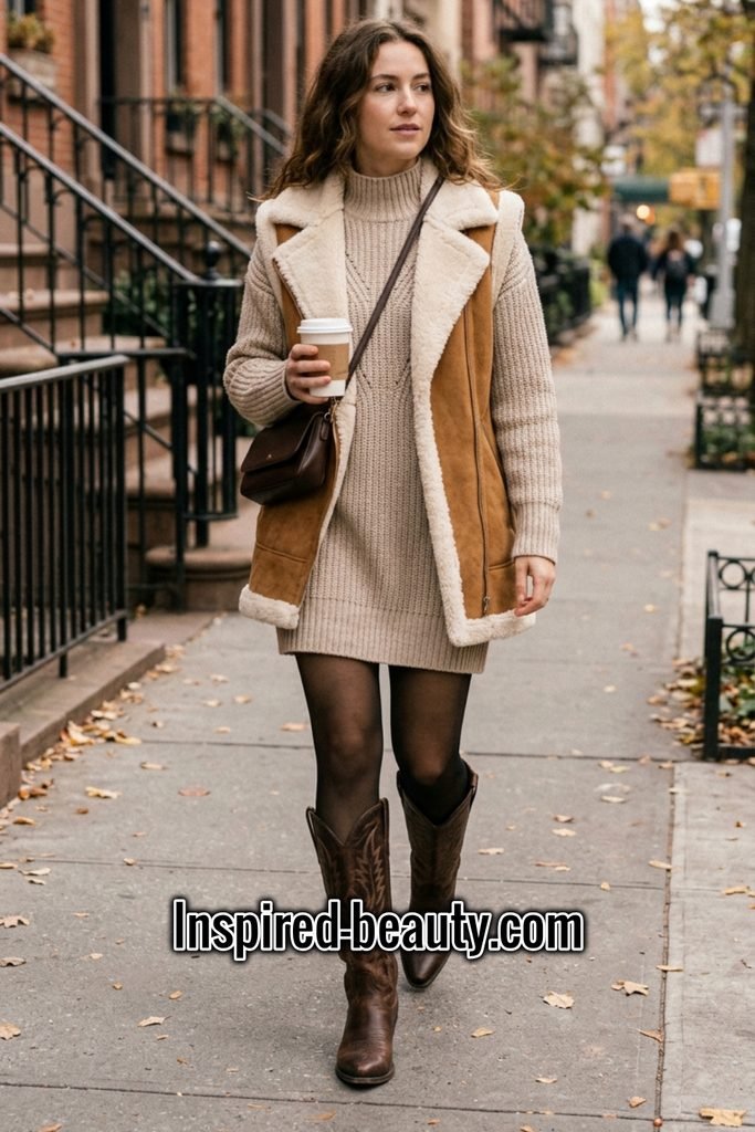 Sweater Dress with Shearling Vest, Tights and Cowboy Boots - Winter Western Outfits