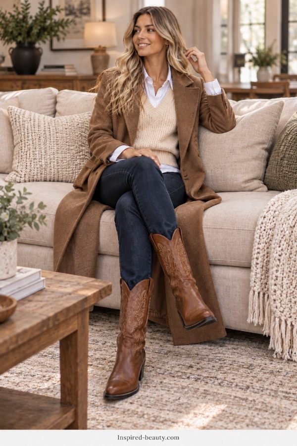 Woman wearing a cream sweater vest over a white button-down shirt, dark jeans, a long brown coat, and cowboy boots.