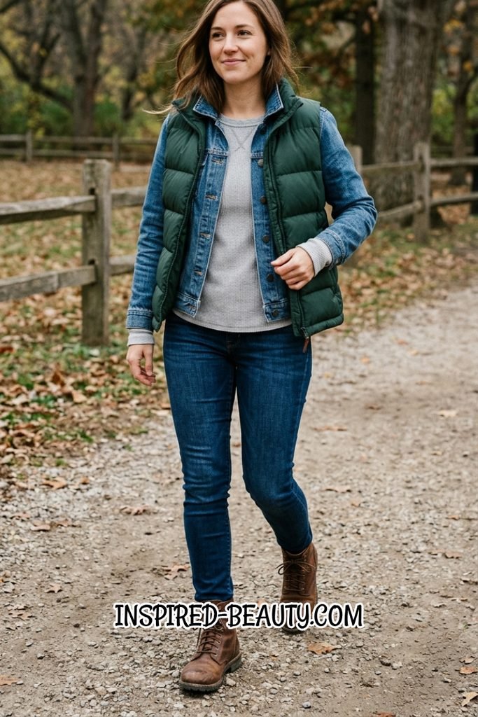 Thermal Tee with Denim Jacket, Puffer Vest, Jeans and Boots - Winter Western Outfits