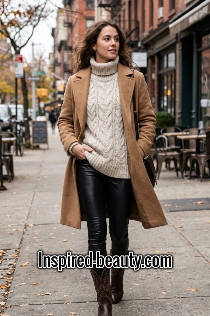 Wool Coat with Chunky Knit, Leather Leggings and Western Boots - Winter Western Outfits