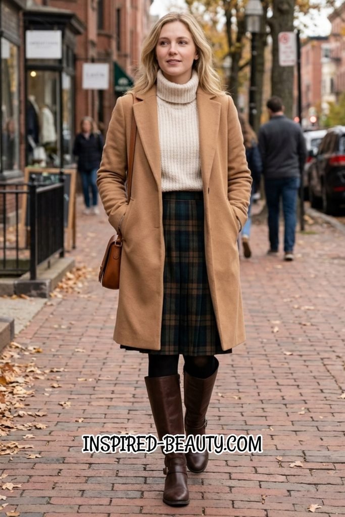 Wool Coat with Turtleneck, Midi Skirt, Tights and Riding Boots - Winter Western Outfits