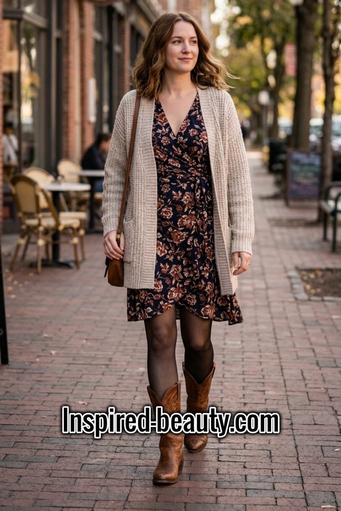 Wrap Dress and Long Cardigan, Tights with Cowboy Boots - Winter Western Outfits