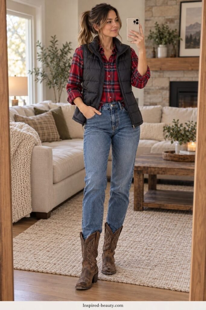 Woman styling a red flannel shirt and black puffer vest with jeans and brown cowboy boots.